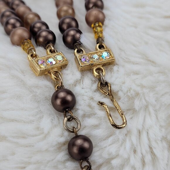 1970s Vintage Necklace with Double Strand of Brown Beads and Crystals - Picture 5 of 6